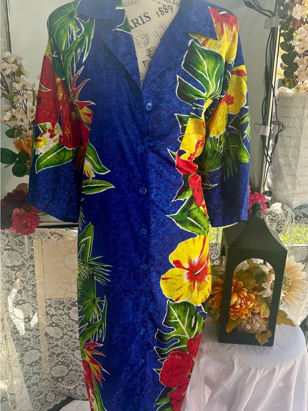 Hawaiian Blue Floral lagginglook artsy Midi Shirt Dress - Bright Tropical Print